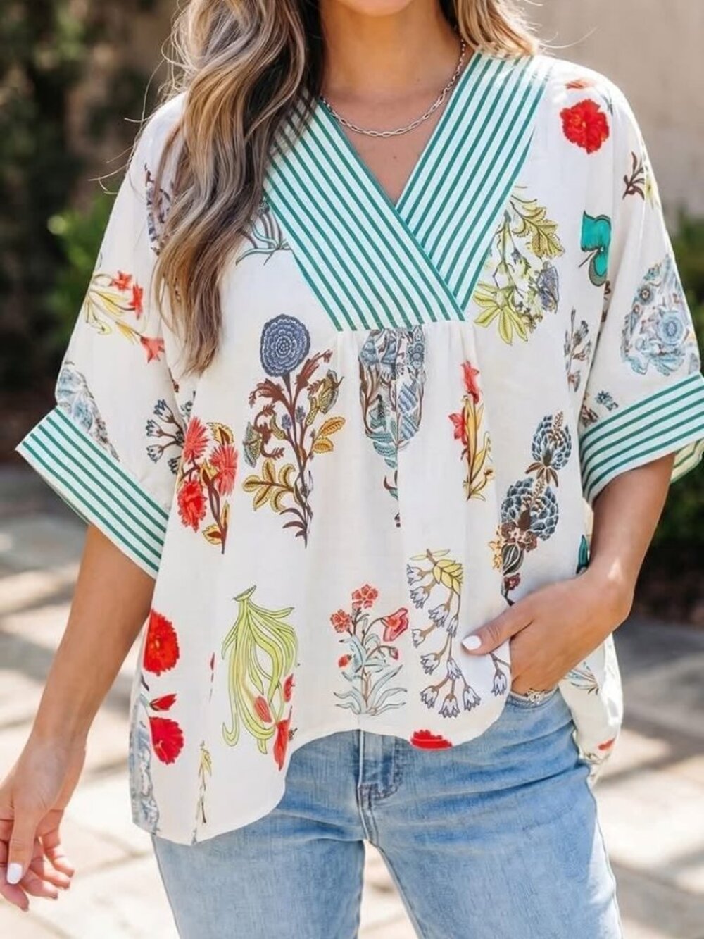 V-Neck Floral Striped Blouse